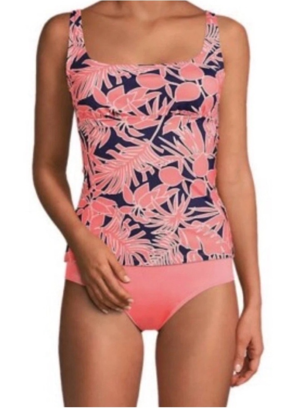Lands' End Coral and Navy Palm-Print One-Piece Tank